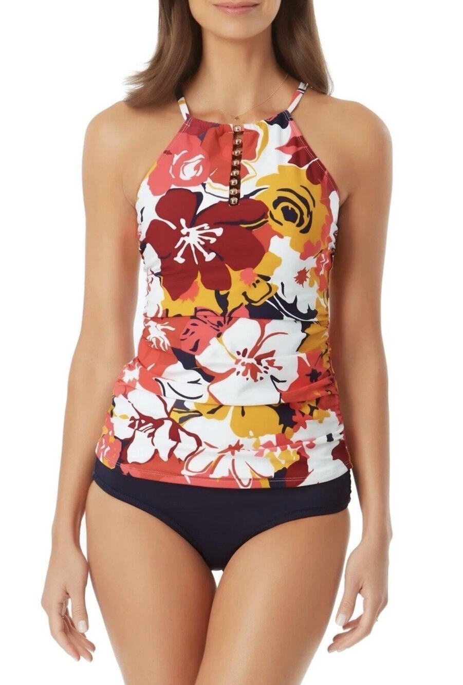 NWT Anne Cole Swimsuit Bikini Tankini Top High Neck Multi Floral Women Size S
